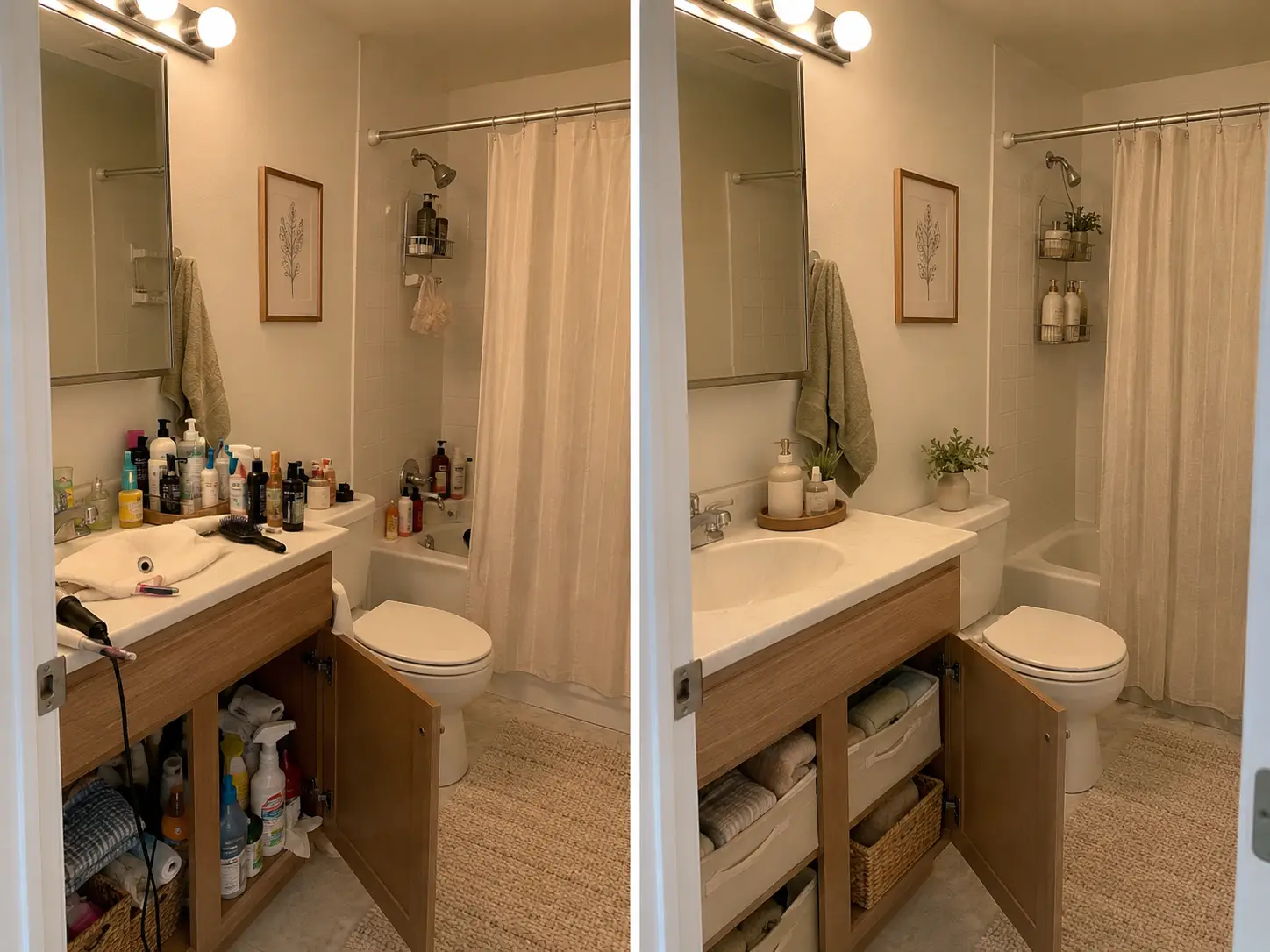 Small rental bathroom before and after organization with renter-friendly storage