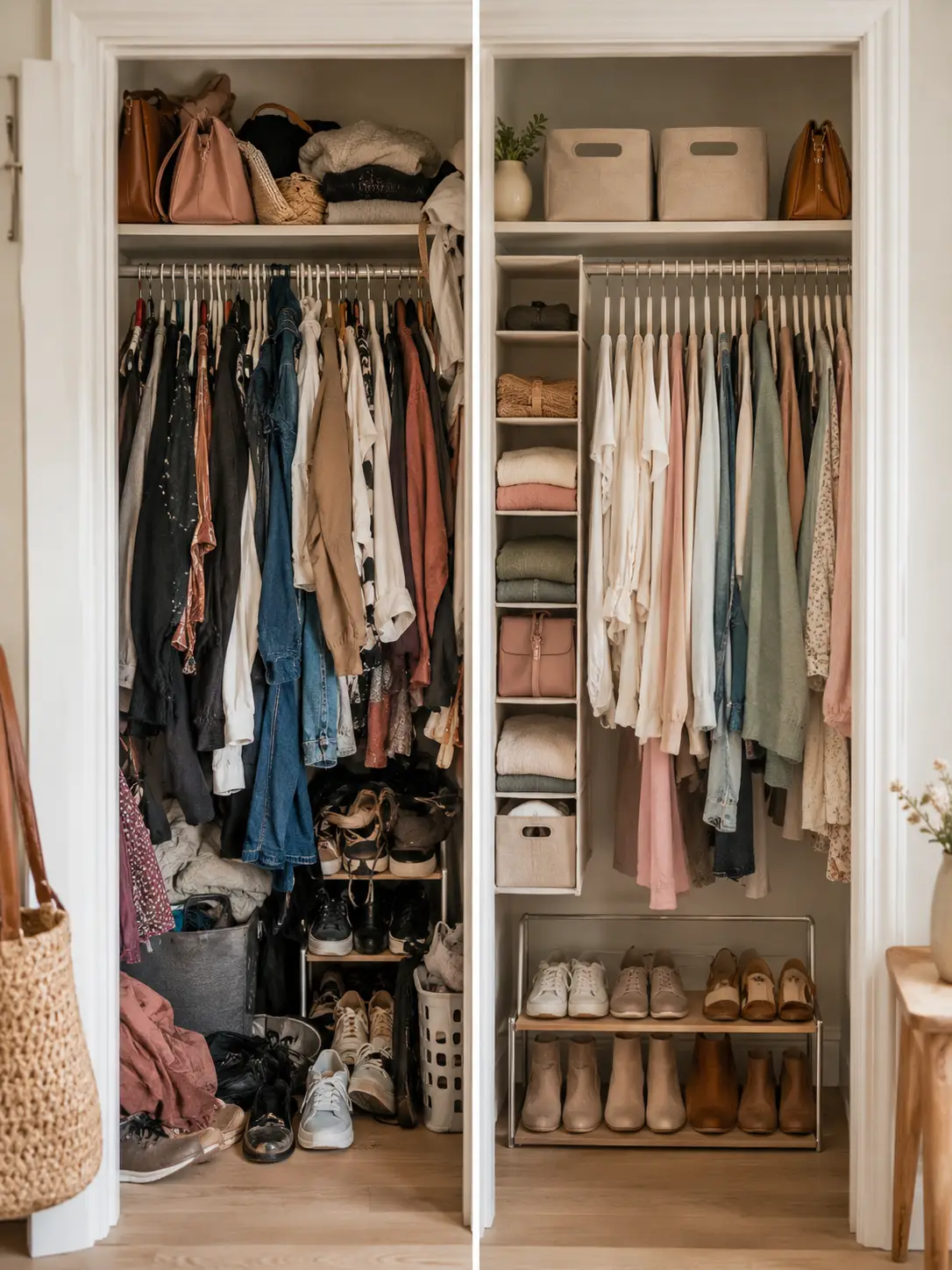 Tiny closet before and after organization without custom shelving