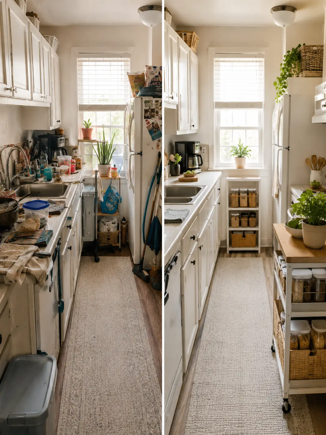 Small apartment kitchen before and after organization with no-pantry storage ideas