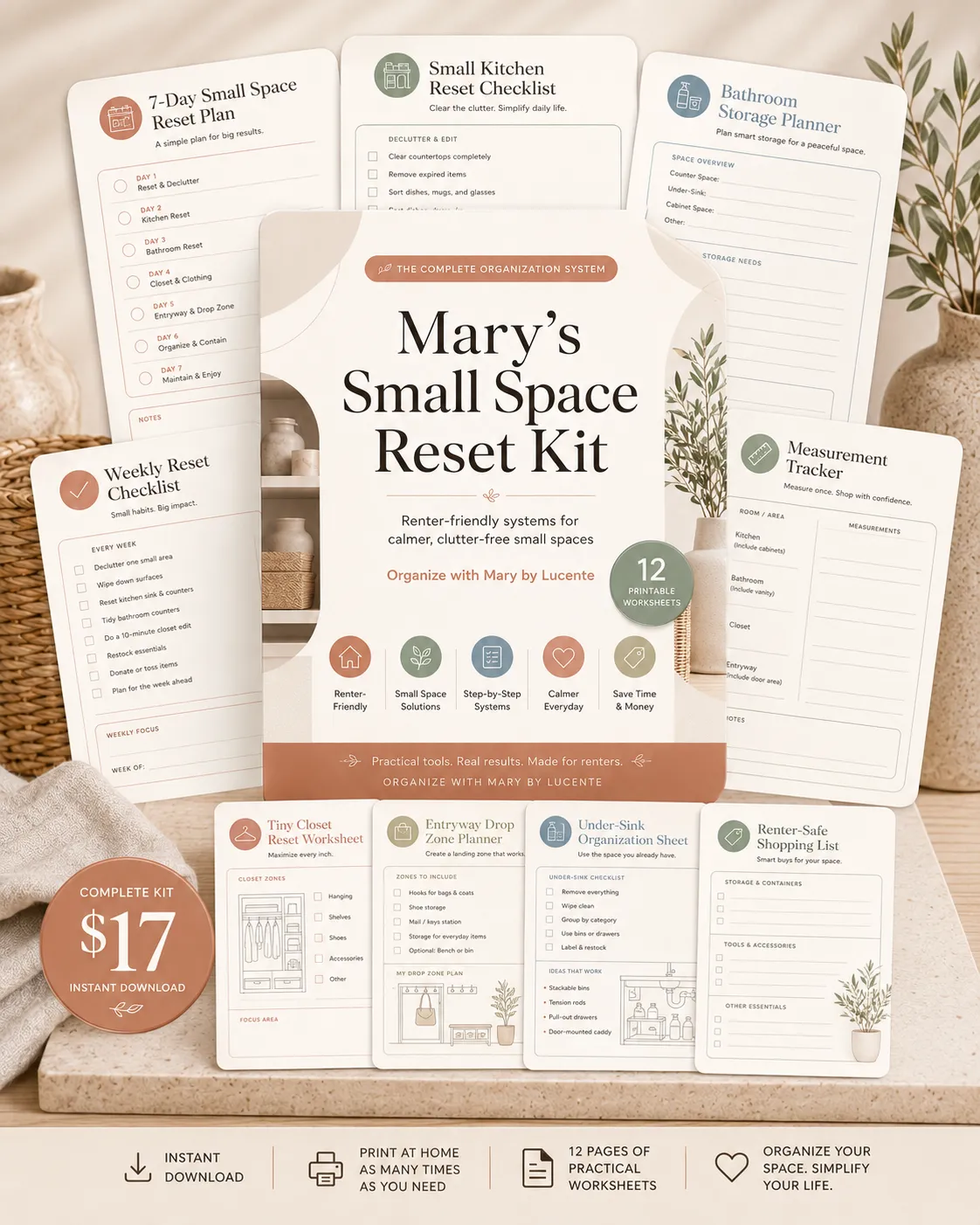 Mary's Small Space Reset Kit — all 10 worksheets spread out